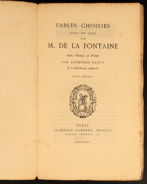 1868 Fables De La Fontaine Antiquarian French Literature Book 2vol Suit Rebind