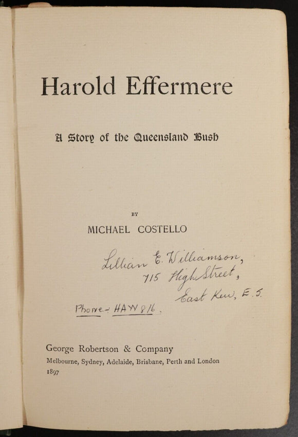1897 Harold Effermere by Michael Costello Antique Australian Fiction Book Scarce