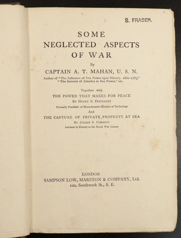 1907 Some Neglected Aspects Of War by A.T. Mahan Antique Military History Book