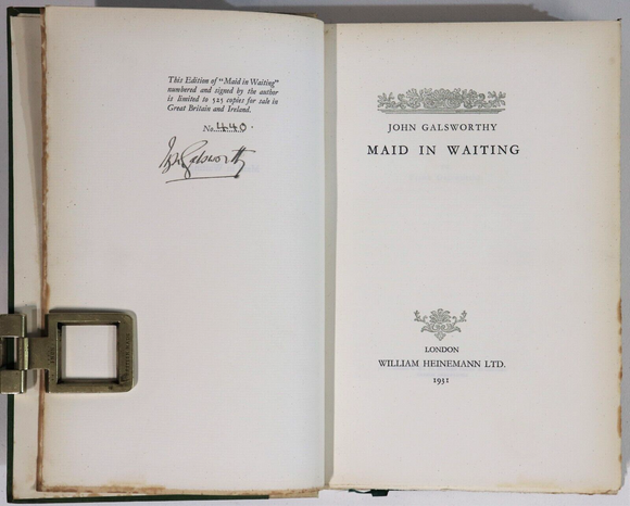 1931 Maid In Waiting by John Galsworthy Ltd Ed. Signed by Author Fiction Book
