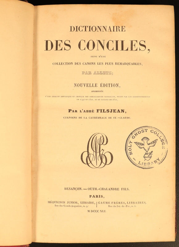 1841 Dictionnaire Des Conciles Par Filsjean Antiquarian French Theology Book