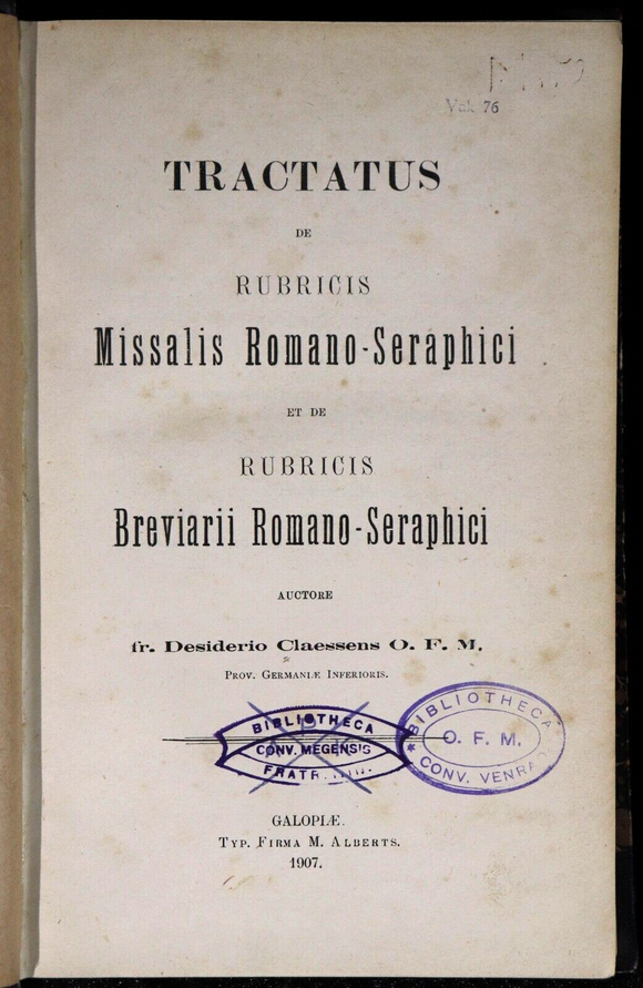 1907 Tractatus De Rubricis Missalis Romano Seraphici Antique Theology Book