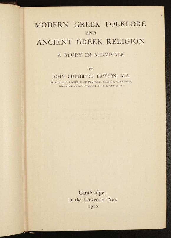 1910 Modern Greek Folklore & Ancient Greek Religion Antique History Book 1st Ed