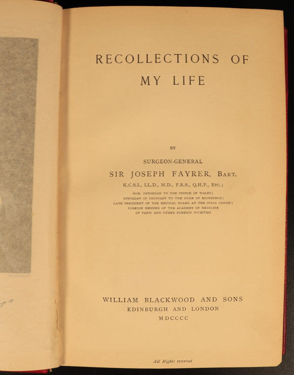 Recollections Of My Life Joseph Fayrer 1900 British India Antique History Book