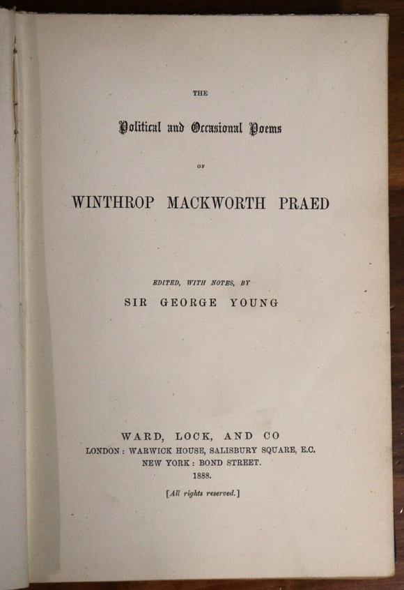1888 Political & Poems Of Winthrop M. Praed Antique Literature Poetry Book