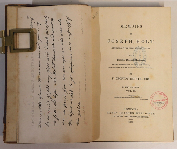 1838 Memoirs Of Joseph Holt: T Croker Antique Irish Australian History Book