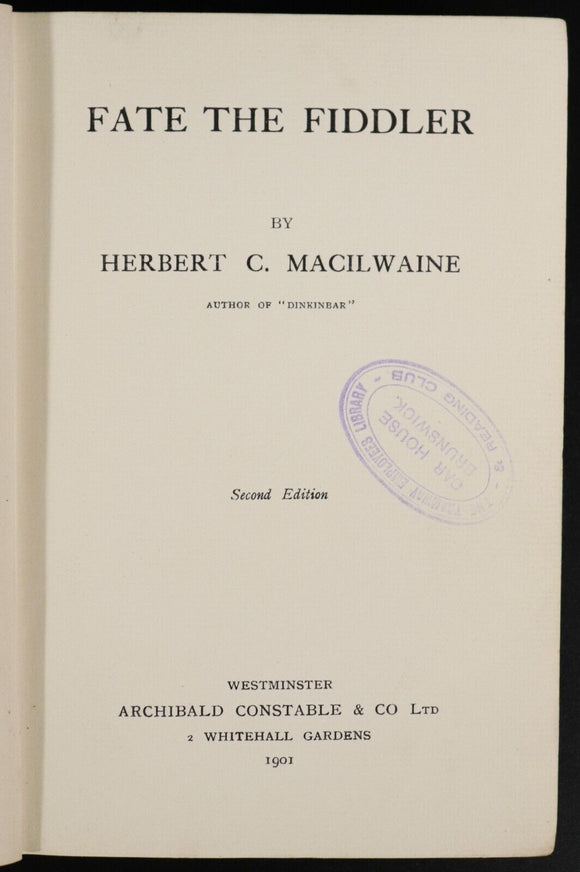 1901 Fate The Fiddler by Herbert C. Macilwaine Antique Australian Fiction Book