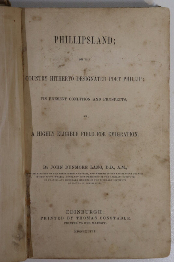 1847 Phillipsland by J.D. Lang Port Phillip Antiquarian Australian History Book