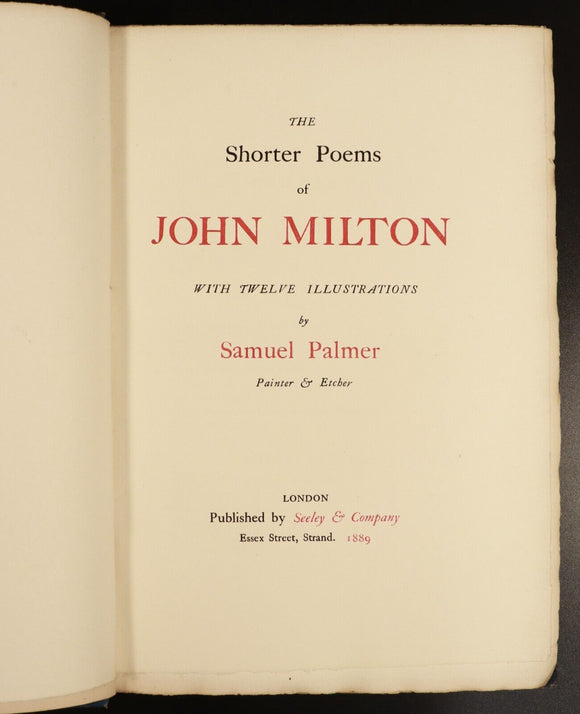 1889 The Shorter Poems Of John Milton With Samuel Palmer Antique Poetry Book 1st