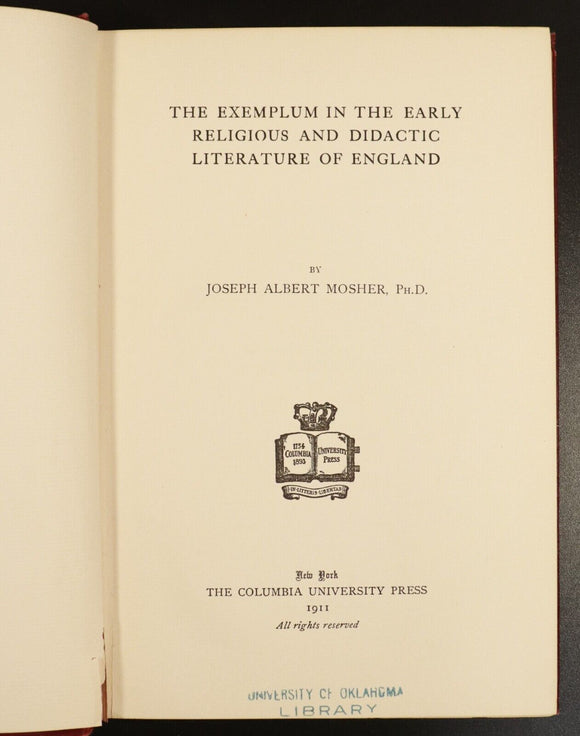 1911 Exemplum In The Early Literature Of England by J.A. Mosher Antique Book