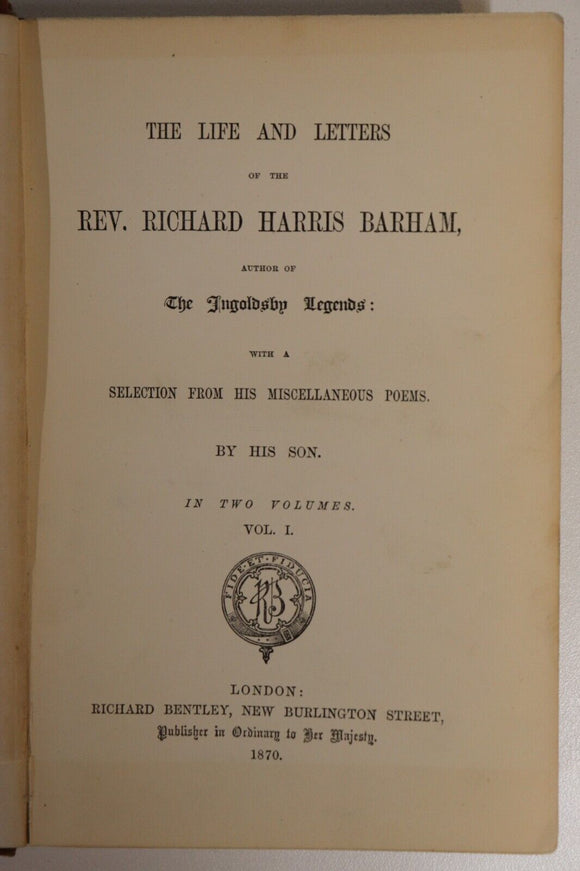 1870 2vol Life & Letters Of Richard Harris Barham Antiquarian Biography Book Set