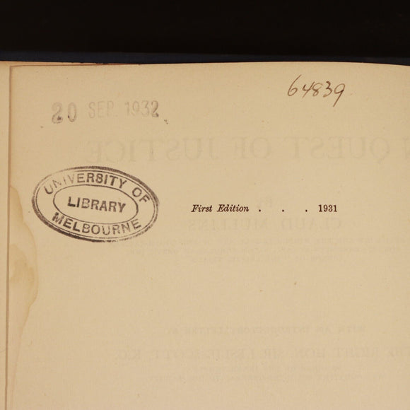 1931 In Quest Of Justice by Claud Mullins 1st Edition Legal History Book