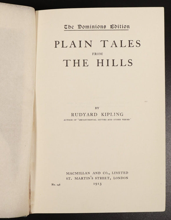 1913 Plain Tales From The Hills by Rudyard Kipling Antique Fiction Book