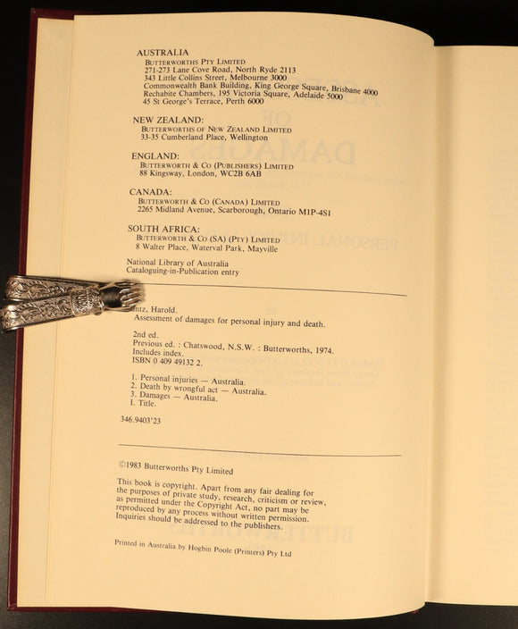 Assessment Of Damages Personal Injury by Harold Luntz 1983 Legal Reference Book