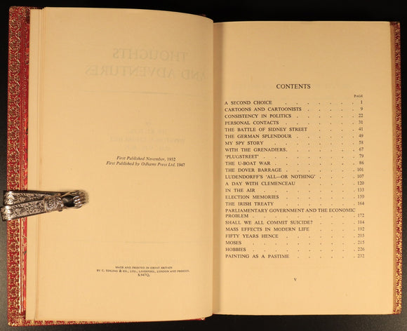 1947 Thoughts & Adventures by Winston Churchill Antique History Book Leather