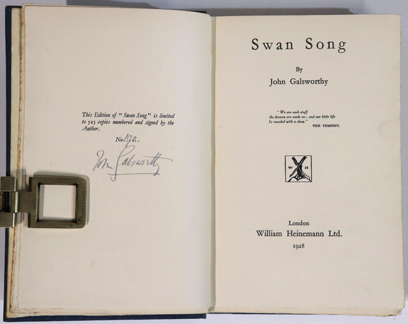 1928 Swan Song by John Galsworthy Ltd Ed. Signed by Author Antique Fiction Book