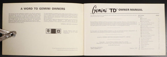 1978 Holden Gemini 'TD' Owner Manual February 1978 GMH Holden Automotive Book