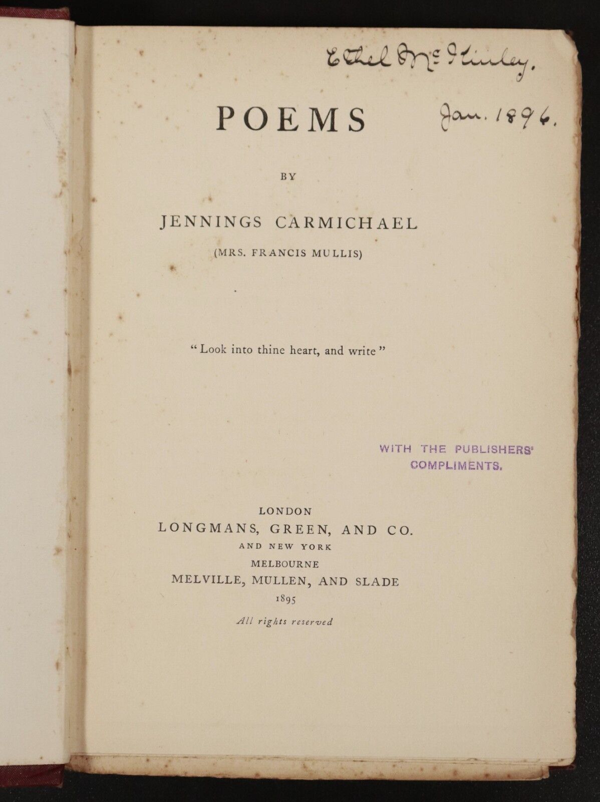 1895 Poems by Jennings Carmichael Antique Australian Poetry Book 1st Edition - 0