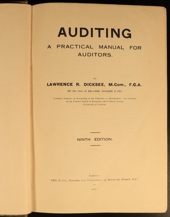 1912 Auditing Manual For Auditors by LR Dicksee Antique Financial Reference Book