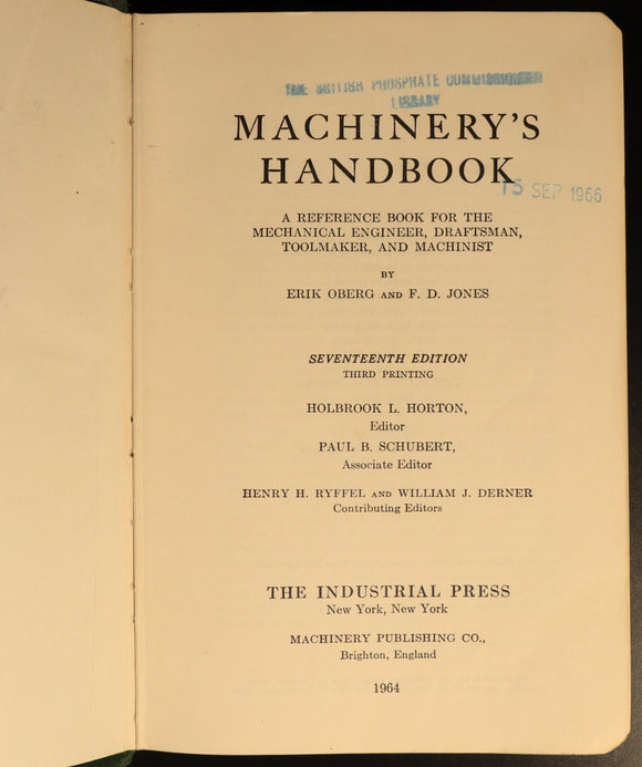 Machinery's Handbook by Oberg & Jones 1964 Vintage Engineering Reference Book
