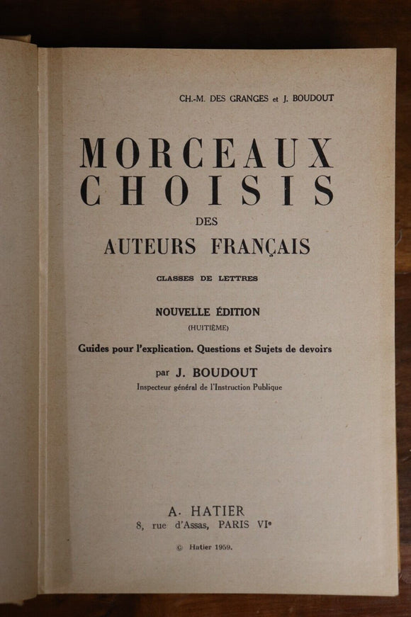 1959 Morceaux Choisis des Auteurs Français French Literature Poetry Book