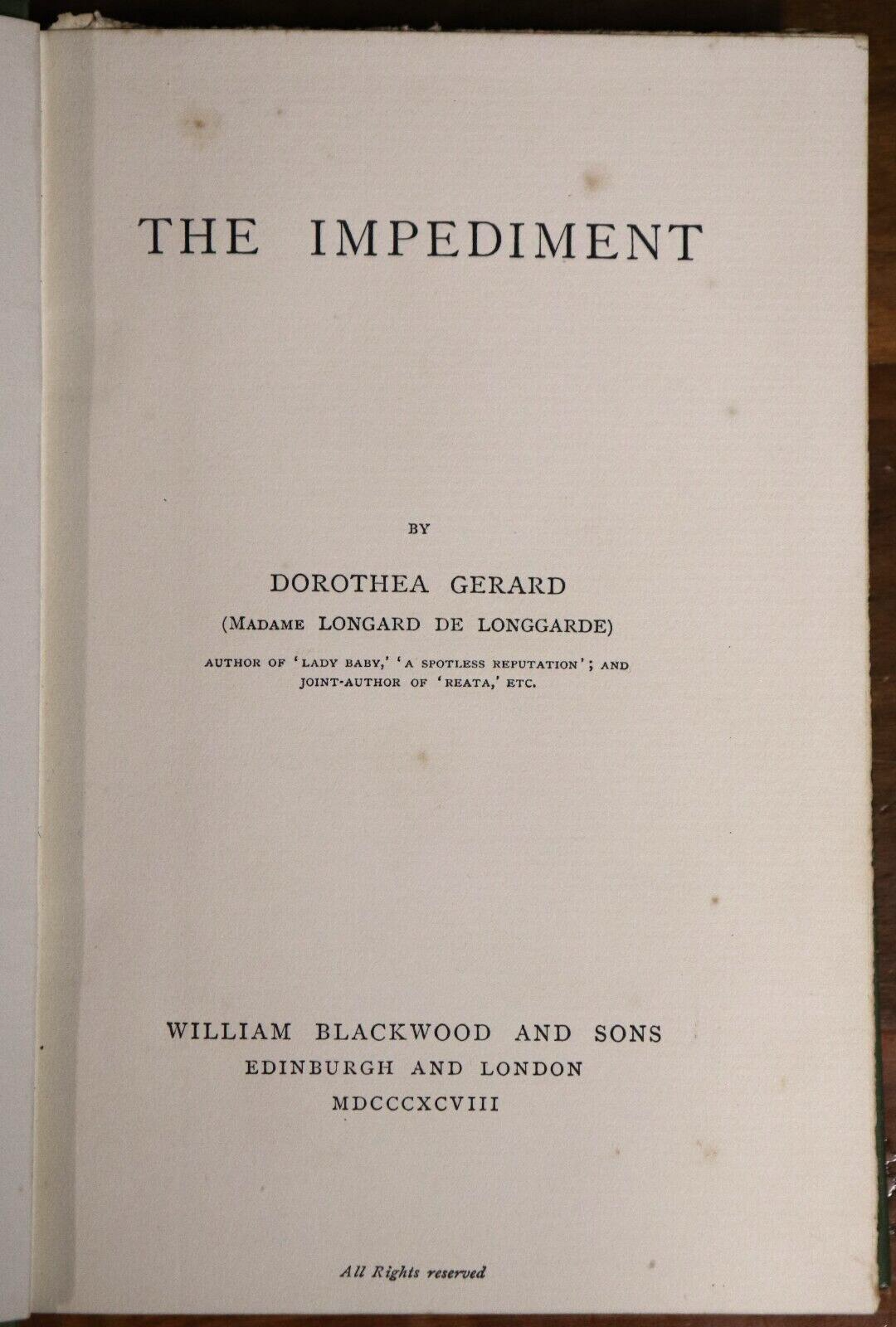 1898 The Impediment by Dorothea Gerard Antique Scottish British Fiction Book