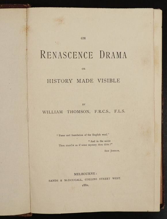 1880 On Renascence Drama Or History Made Visible Antique Philosophy Book