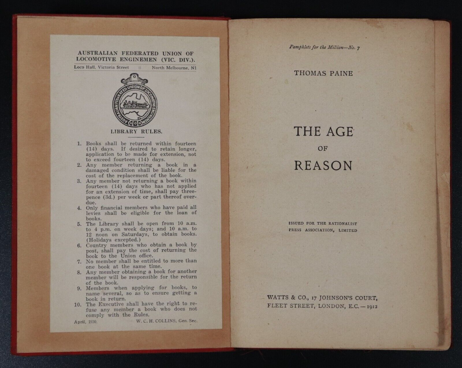 1912 The Age Of Reason by Thomas Paine Antique Rationalist Press Assoc. Book - 0