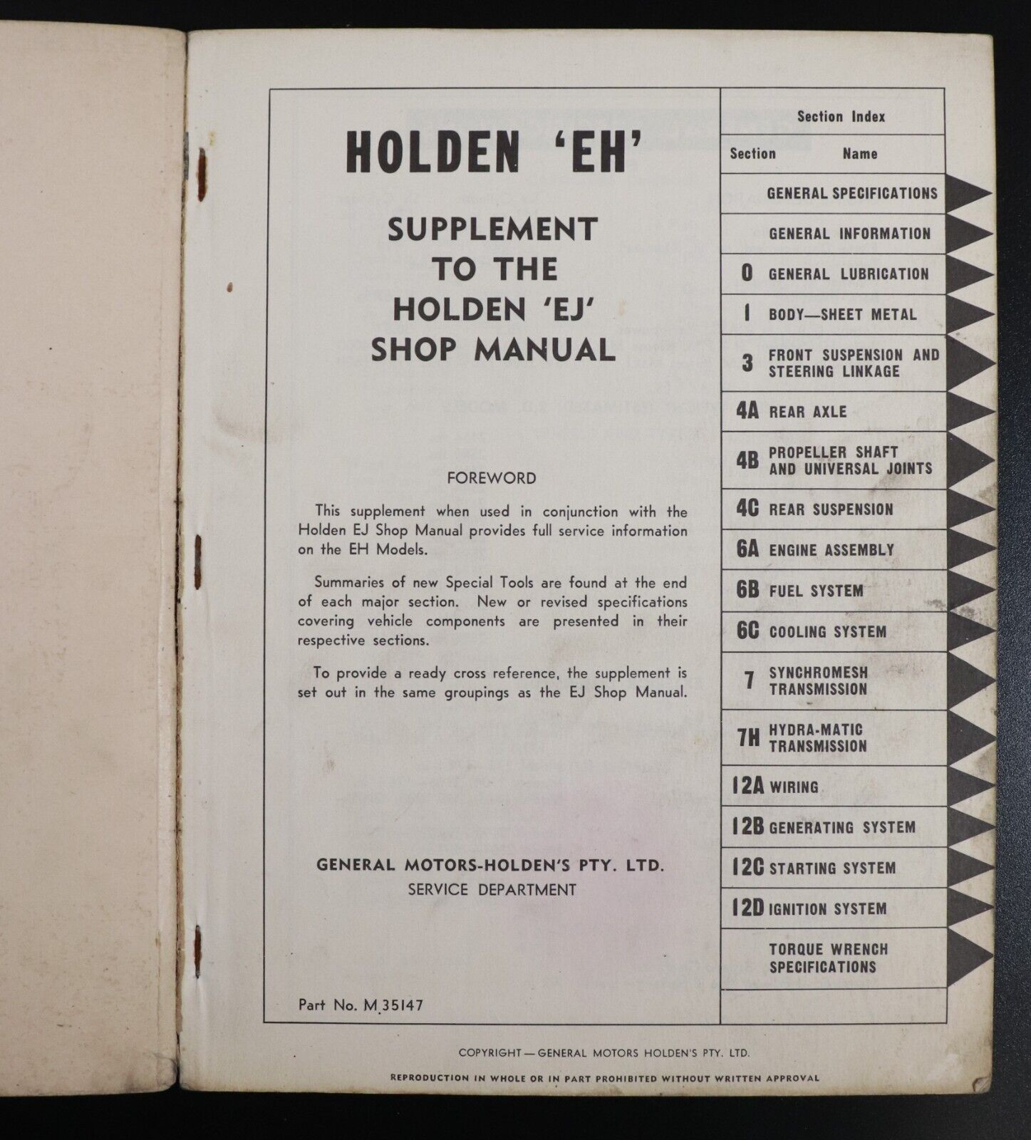 c1965 Holden Shop Manual Supplement 'EH' Series GMH Workshop Auto Reference Book - 0