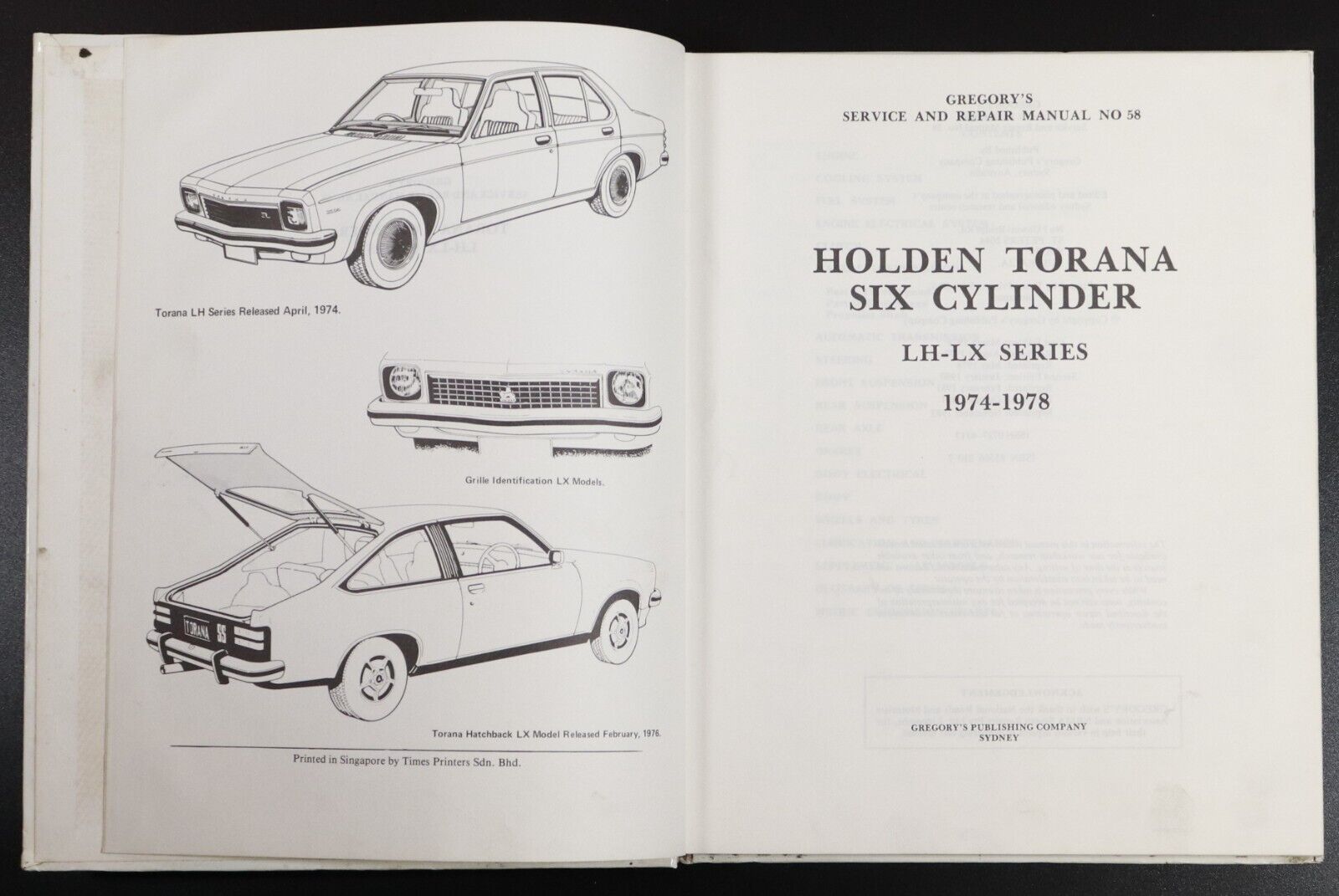 1982 Gregory's No. 58 Holden Torana LH-LX Series 6cyl Car Repair Manual Book