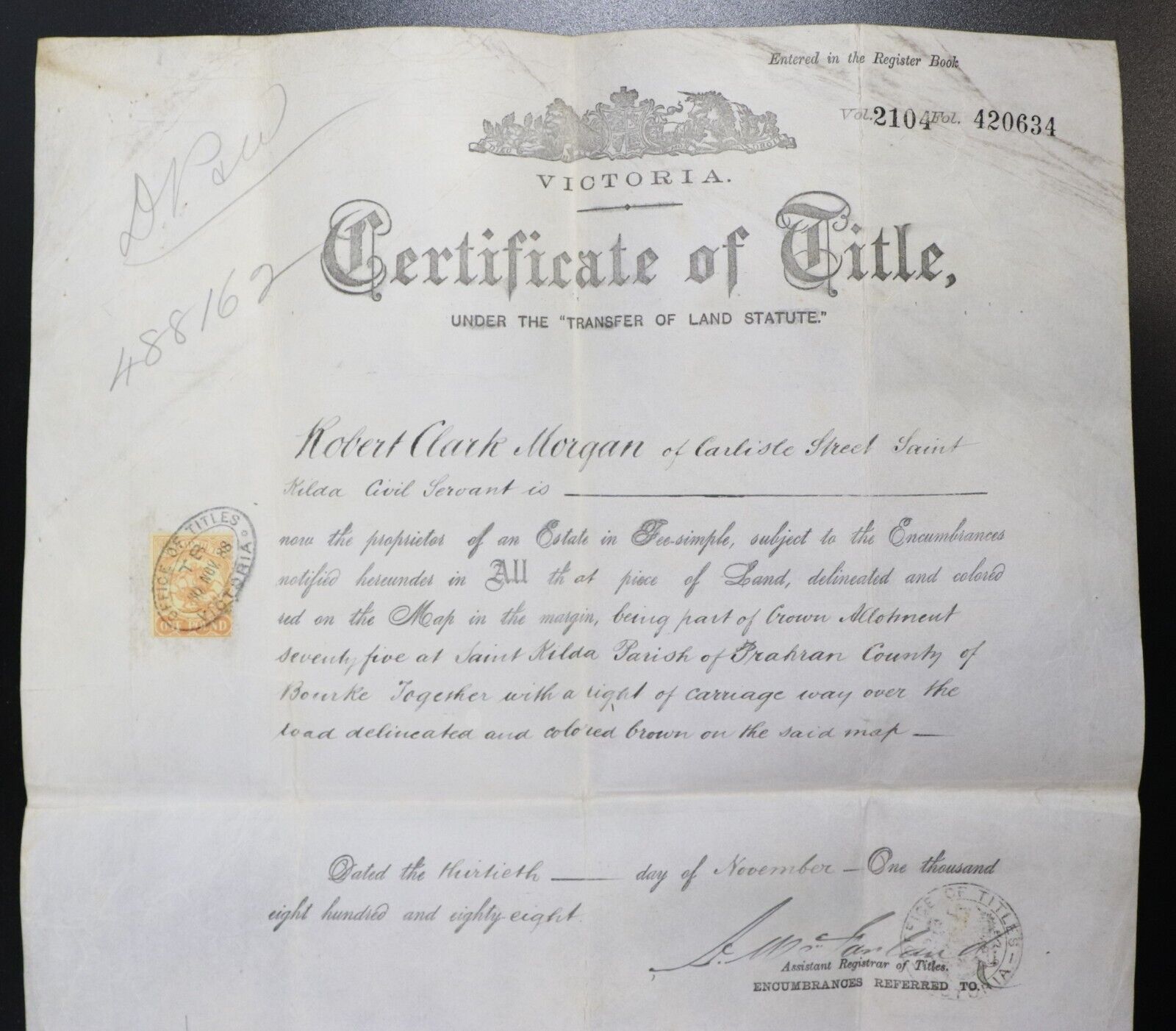 1888 Victorian Land Title Certificate Saint Kilda Melbourne Manuscript Carlisle - 0