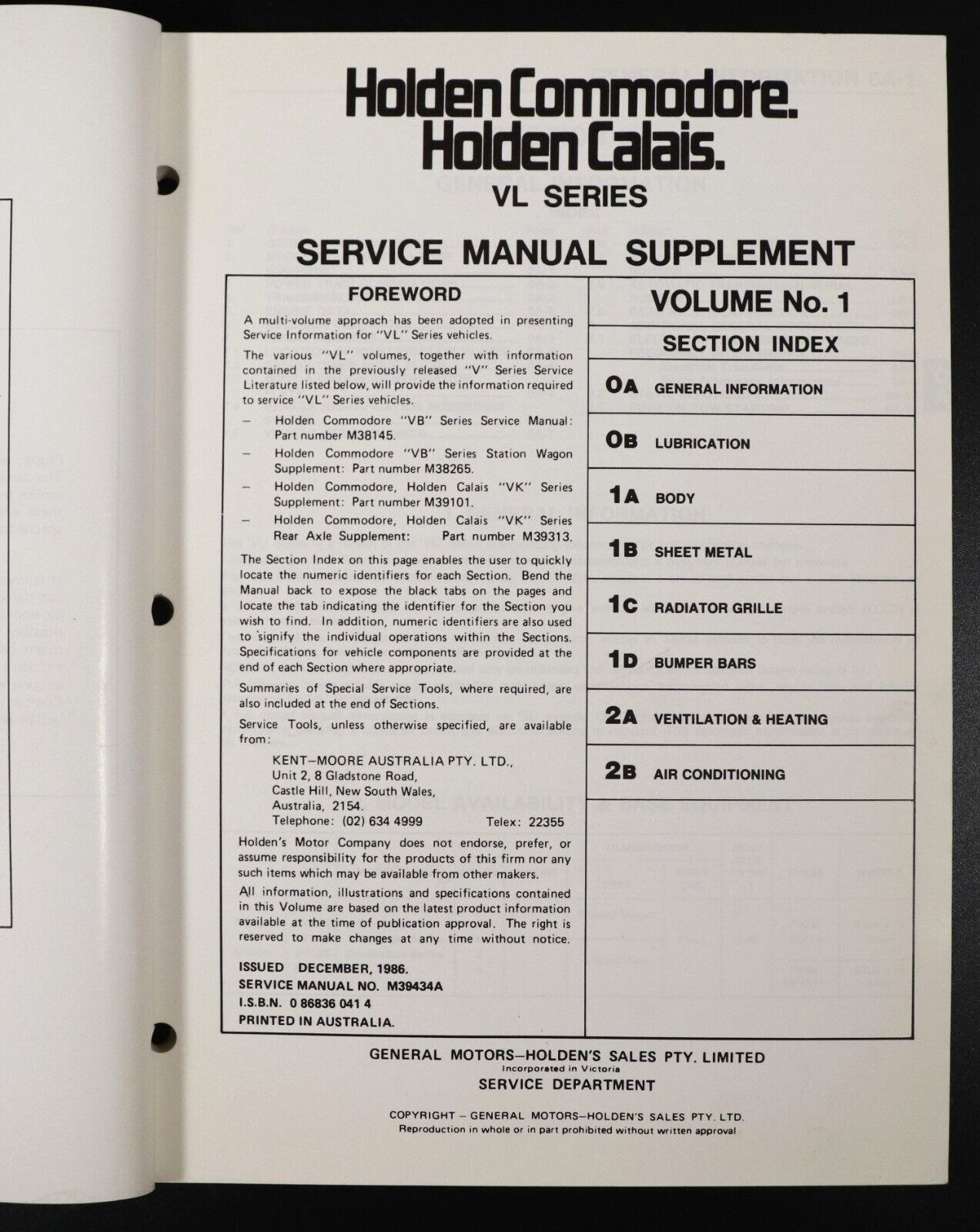 1986 Holden Commodore Holden Calais VL Series Service Manual Supplement Books x4