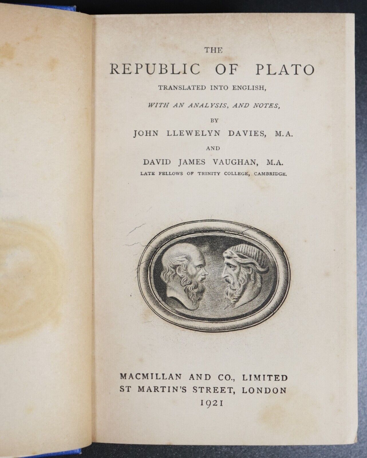 1921 The Republic Of Plato by Davies & Vaughan Antique Greek Philosophy Book - 0