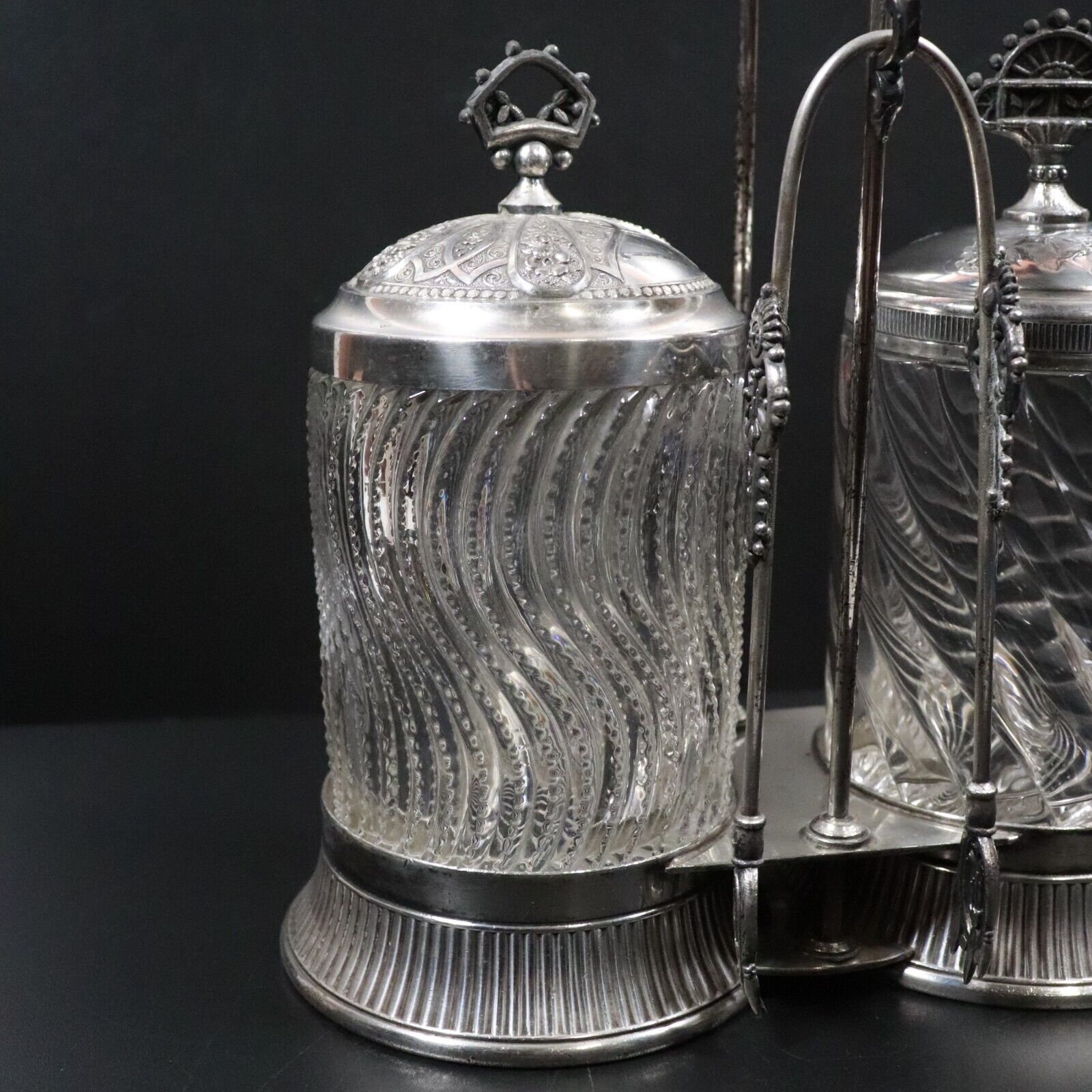 Rogers Smith & Co Victorian Antique Glass & Pewter Pickle Serving Jars c1895 USA