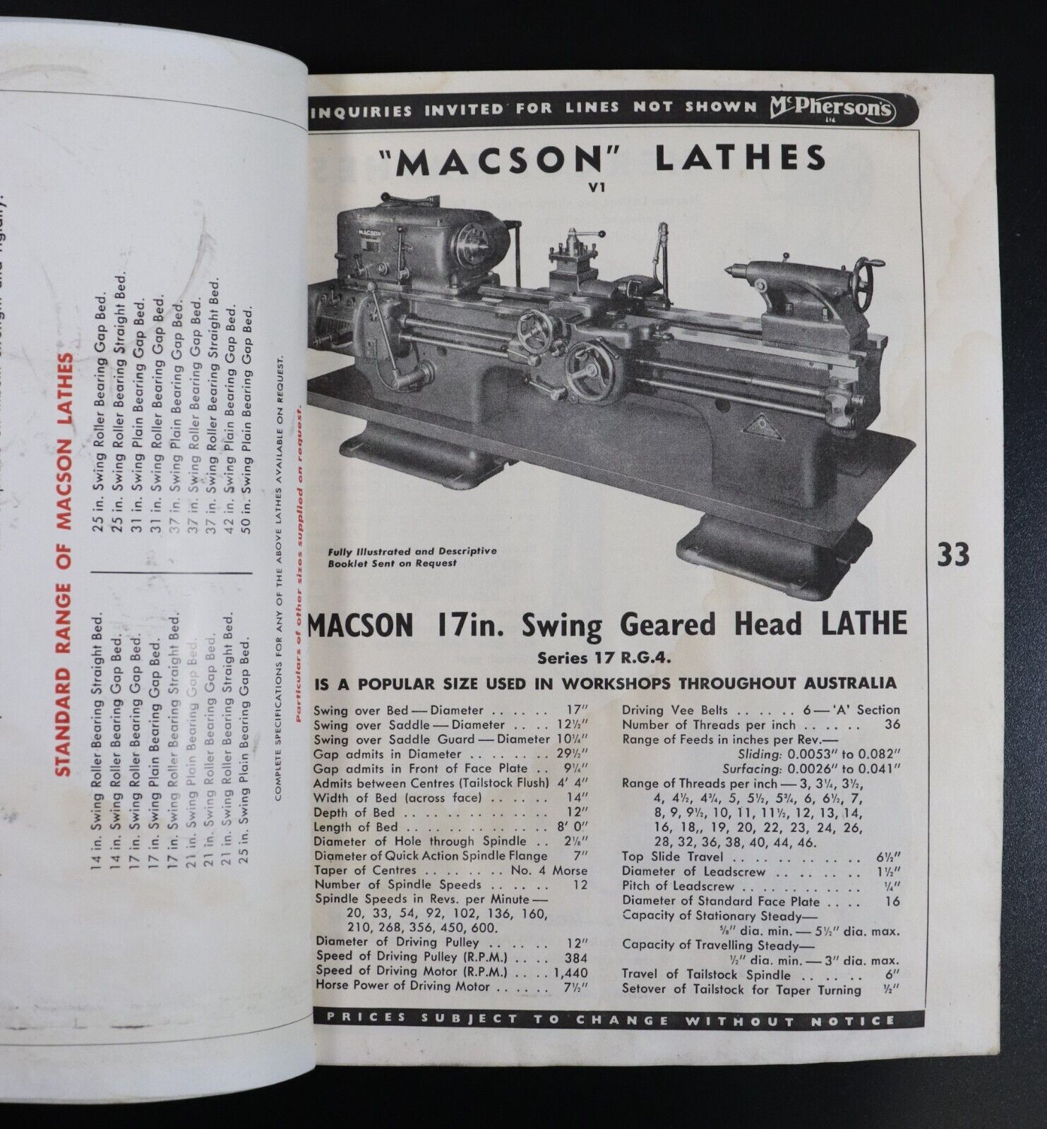 1955 McPherson's Ltd Engineers Supplies Catalogue Vintage Book Melbourne