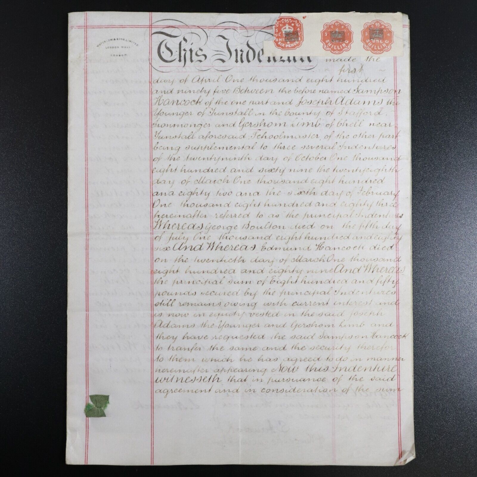1895 Legal Indenture Transfer Of Mortgage Manuscript
