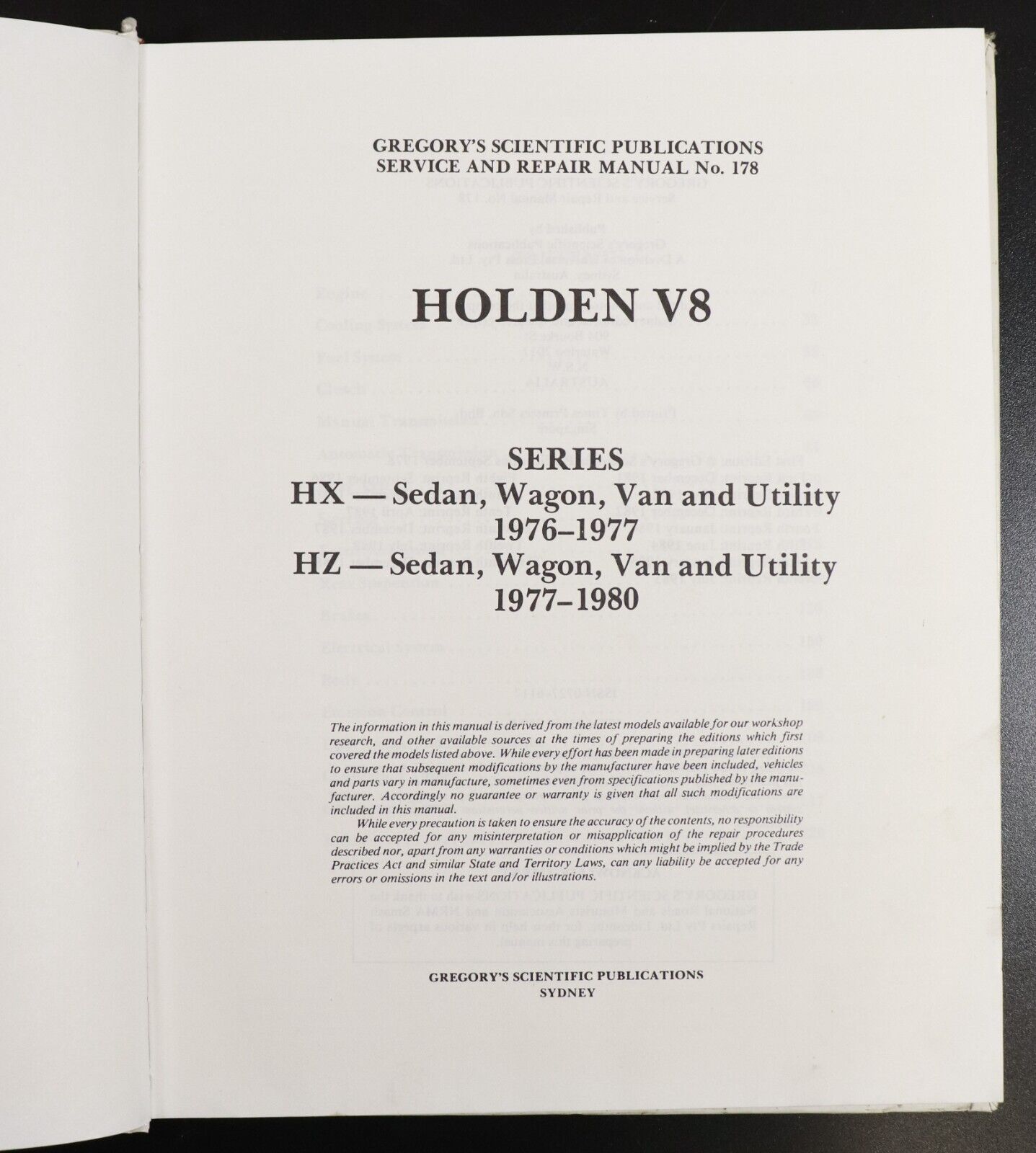 1988 Gregory's No. 178 Holden HX-HZ Series V8 Car Repair Manual Book - 0