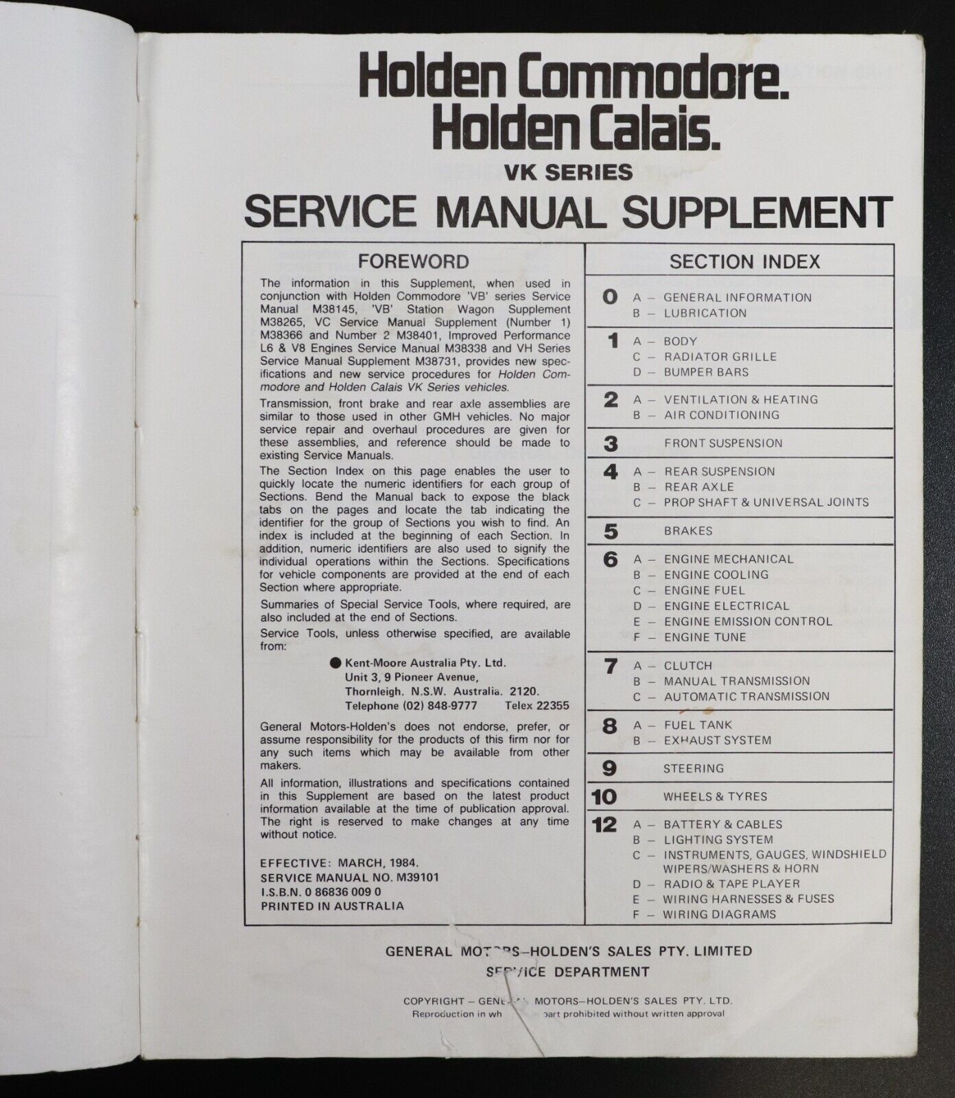 1984 Holden Commodore Holden Calais VK Series Service Manual Supplement Book - 0