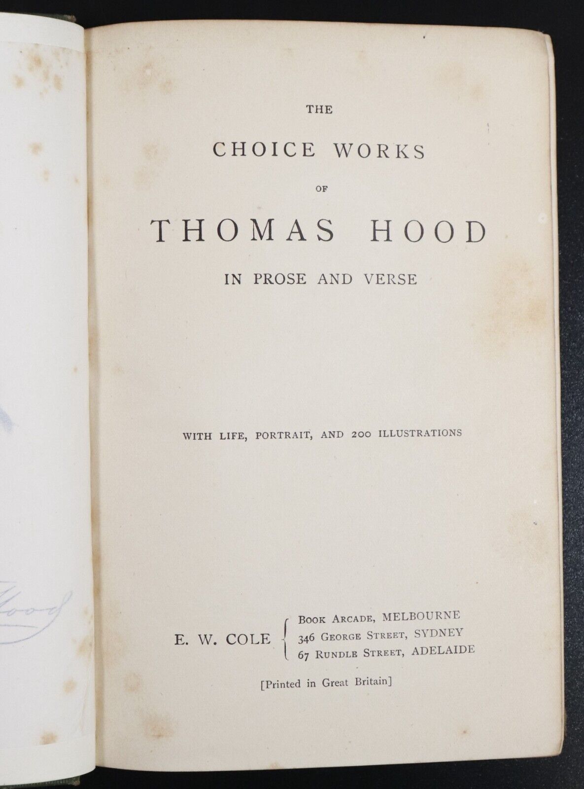 c1895 The Choice Works Of Thomas Hood Antique British Prose & Verse Book