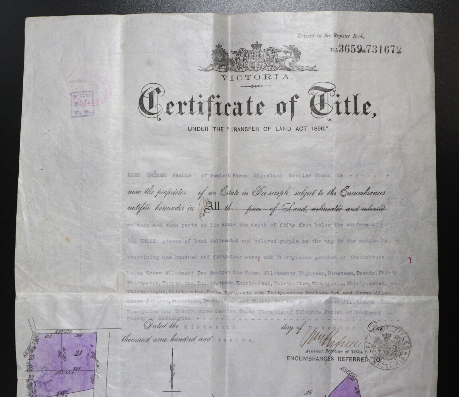 1912 Victorian Land Title Certificate Mornington Melbourne Manuscript Woolamai - 0