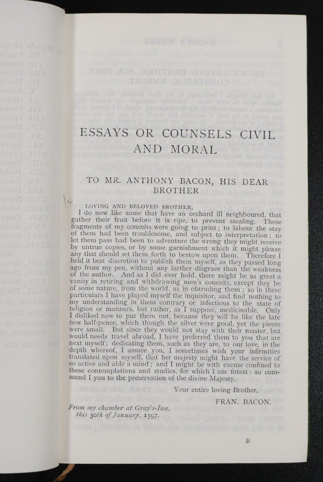 1902 Essays Civil & Moral + Writings Of Francis Bacon Antique Philosophy Book