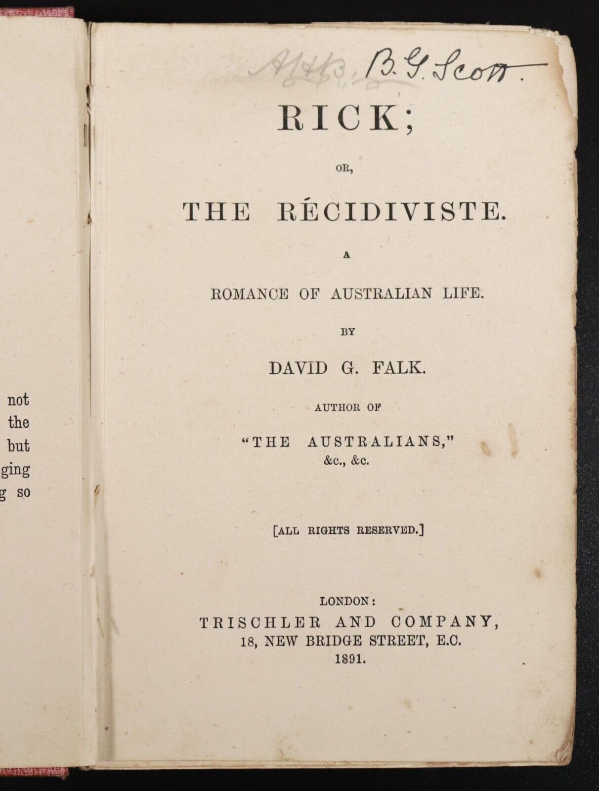 1891 Rick or The Recidiviste Romance Of Australian Life Antique History Book - 0