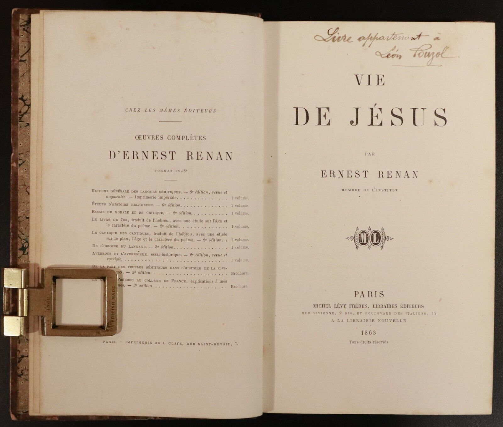 1863 Vie De Jesus by Ernest Renan Antique French Religion & Theology Book