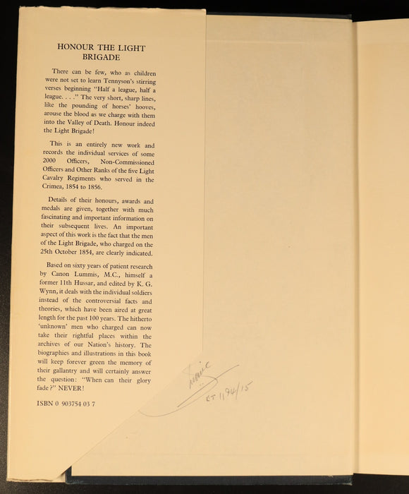 Honour The Light Brigade WM Lummis 1973 Military History Book Crimean War 1st