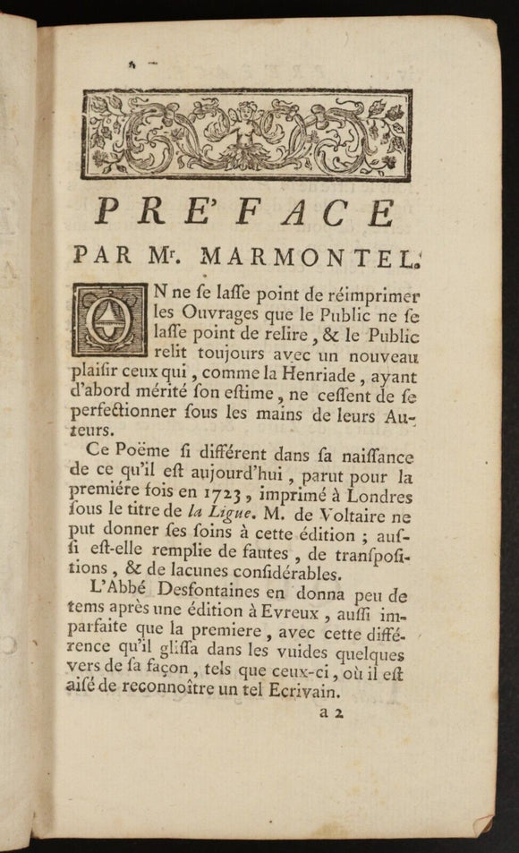 1762 La Henriade Par Monsieur De Voltaire Antiquarian French Poetry Book