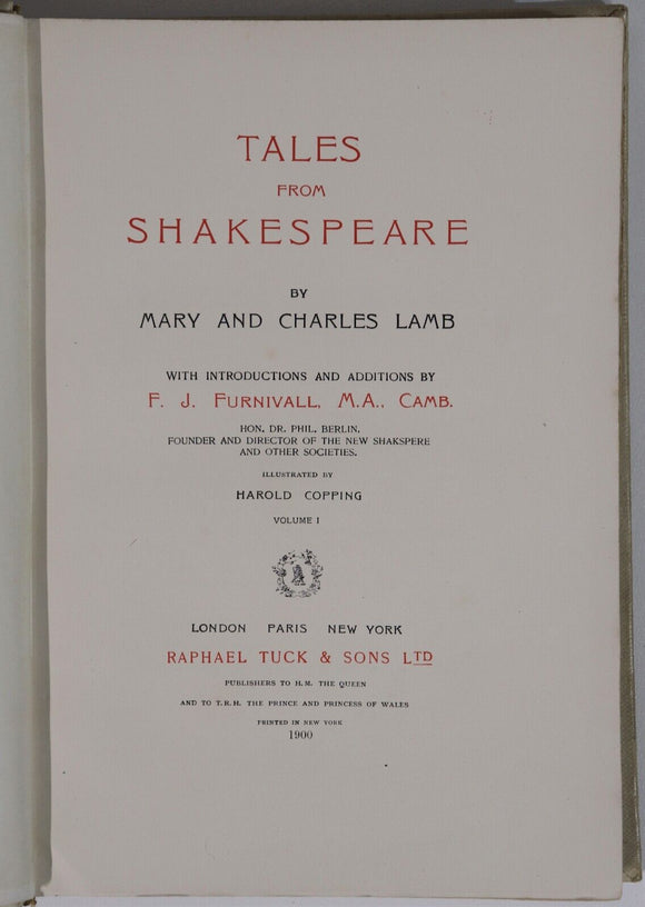 1901 2vol Tales From Shakespeare: Charles & Mary Lamb Antique Literature Books