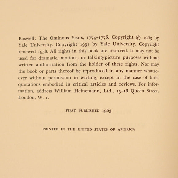 1963 Boswell: The Ominous Years 1774-1776 Vintage Scottish History Book