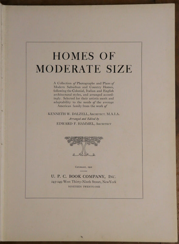 1921 Dalzell's Homes Of Moderate Size 1st Ed Antique American Architecture Book