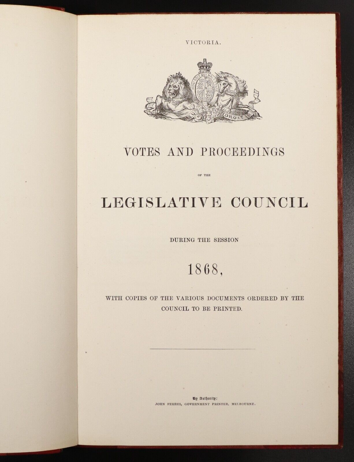 1868 Victorian Legislative Council Proceedings Colony Of Victoria History Book