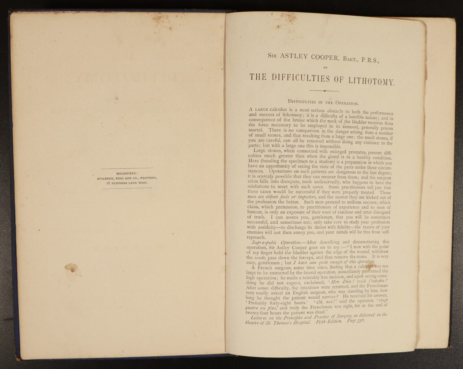 1876 Lithotomy: Its Successes & Dangers Antique Australian Medical History Book